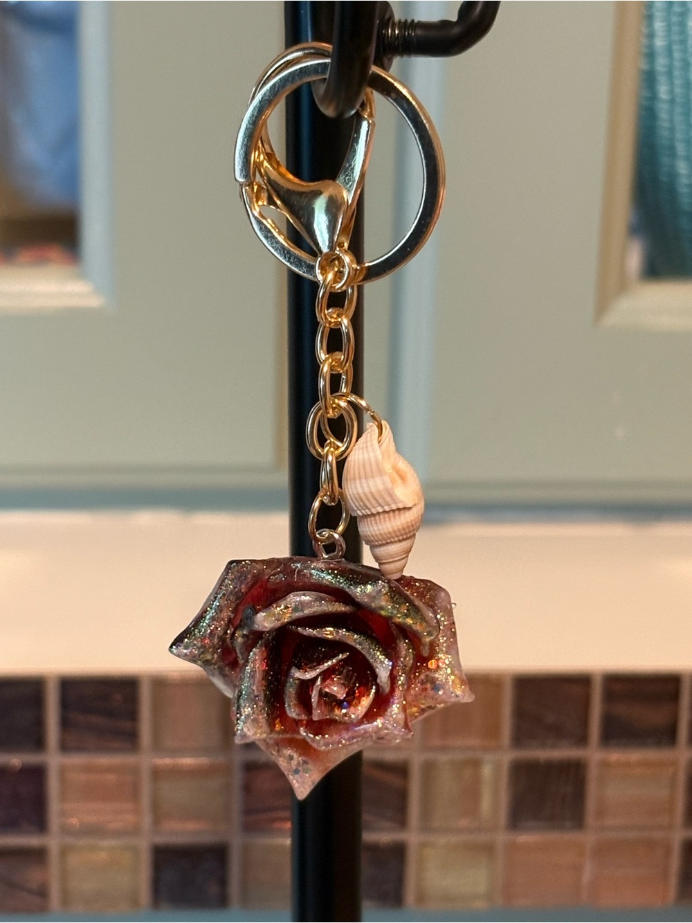 Handmade Red Glitter Rose Keychain with Shell Charm